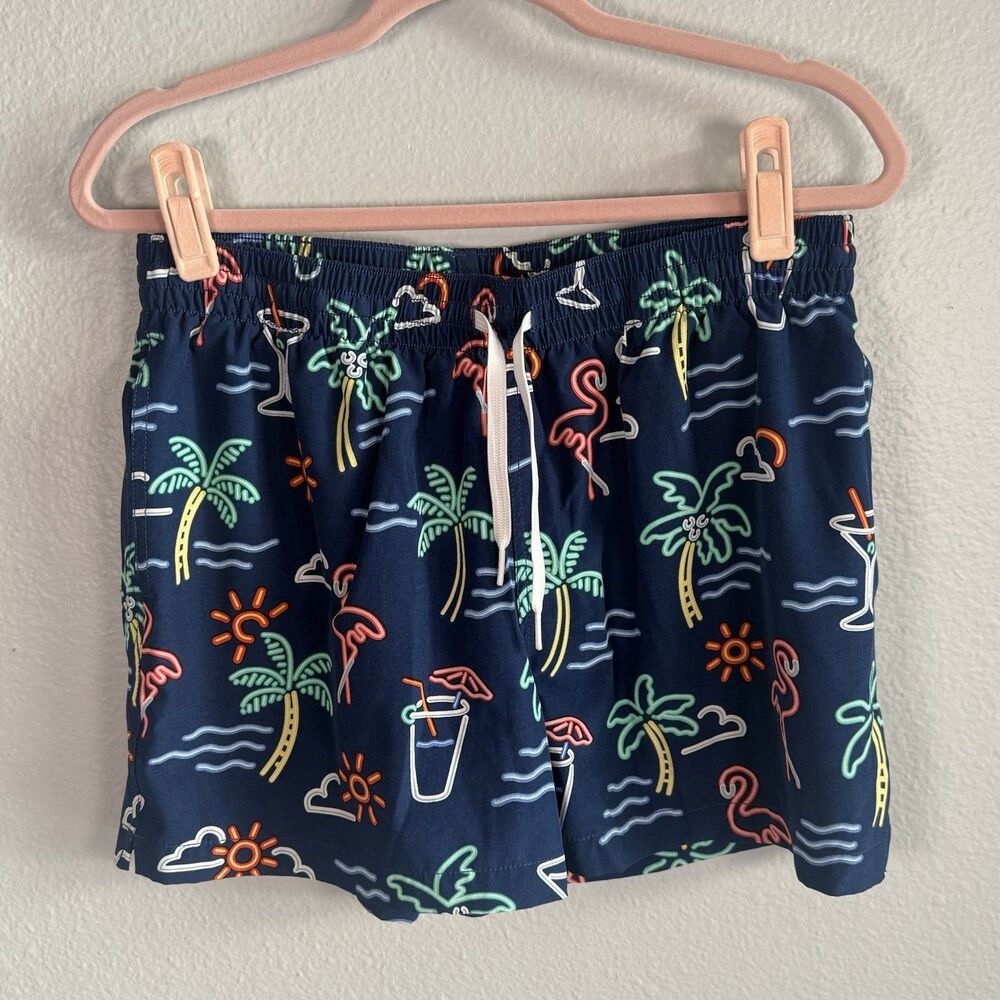 Chubbies Large Blue 4" NEON LIGHTS Flamingo Palm Tropical Lined Swim Trunks